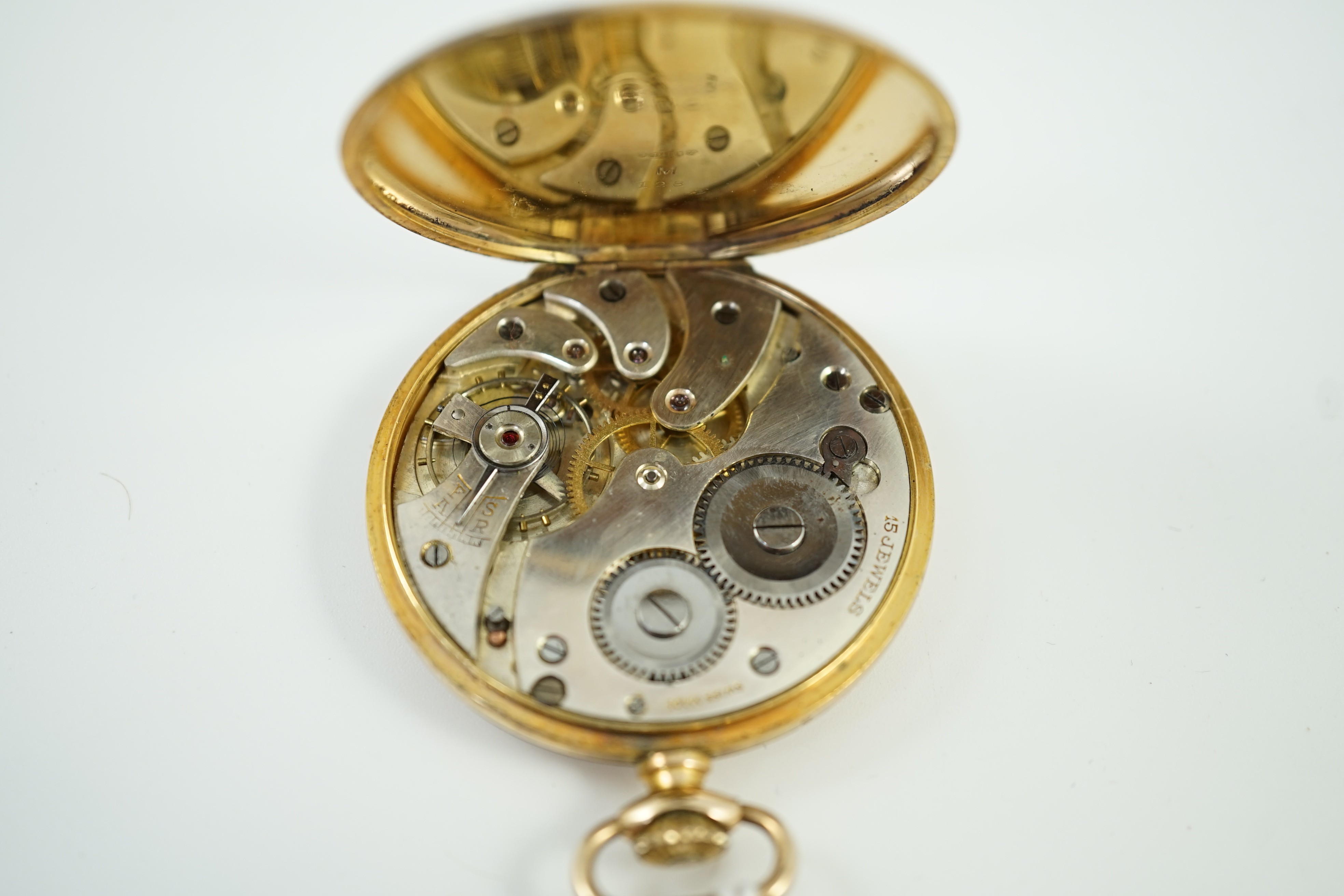 A George V 9ct gold Grosvenor open faced keyless dress pocket watch, case diameter 44mm, gross weight 49.7 grams.